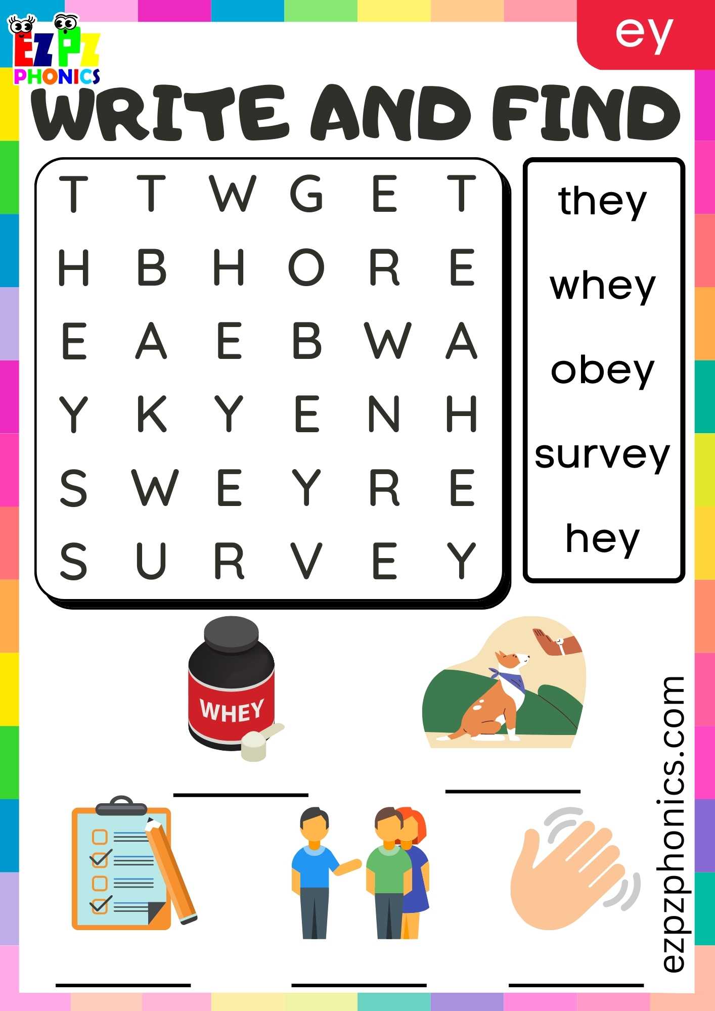 EY Words Write And Find Long A Phonics Worksheet